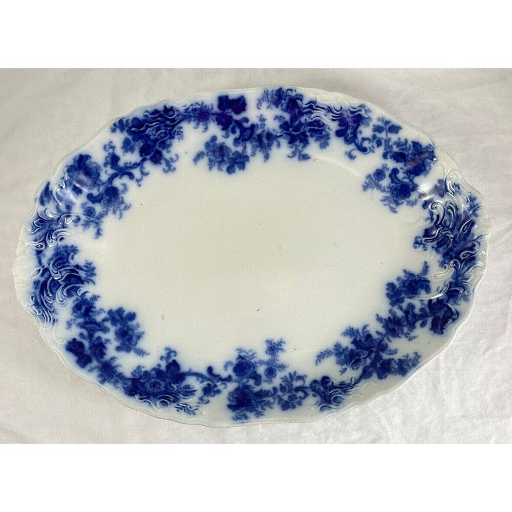 Flow Blue Floral Platter Wood & Sons Sydney Semi Porcelain Oval 16x11.75 Antique